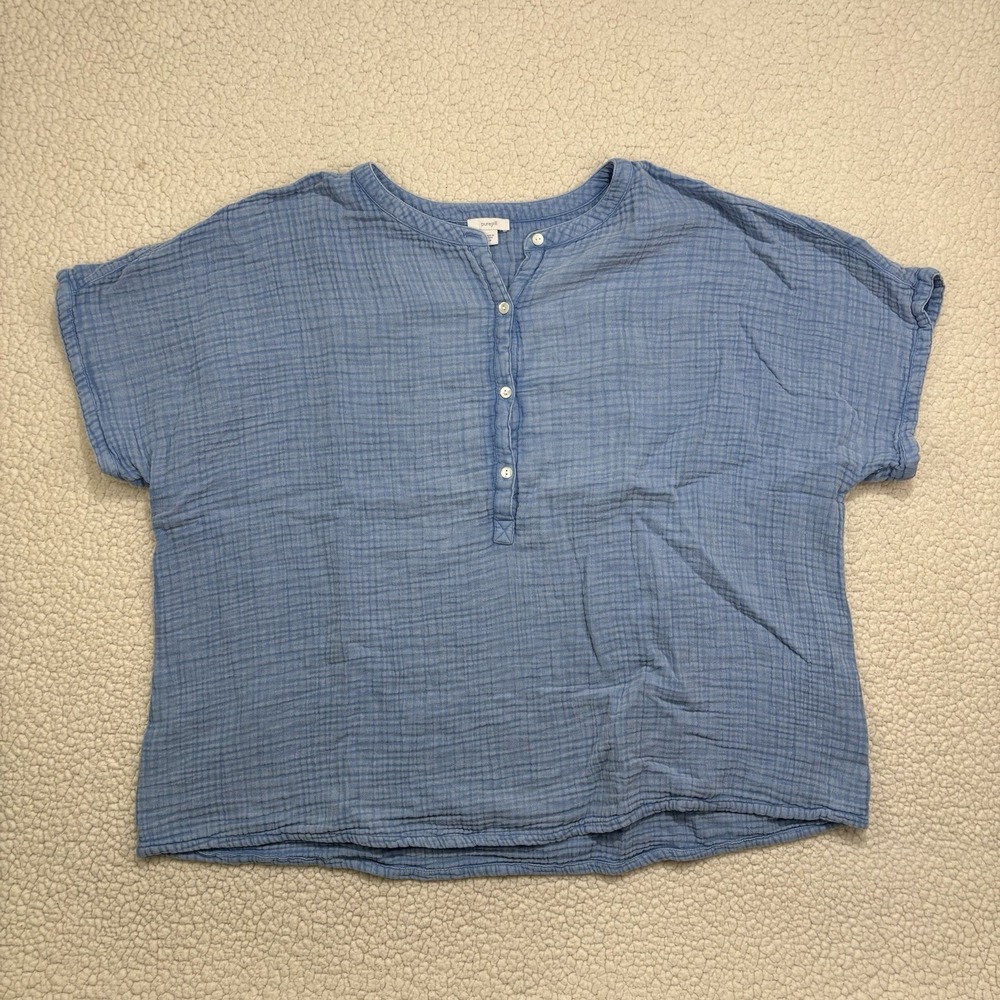 Pure Jill Blue Double Gauze Cotton Henley Short Sleeve Blouse Plus Size 3X Boxy